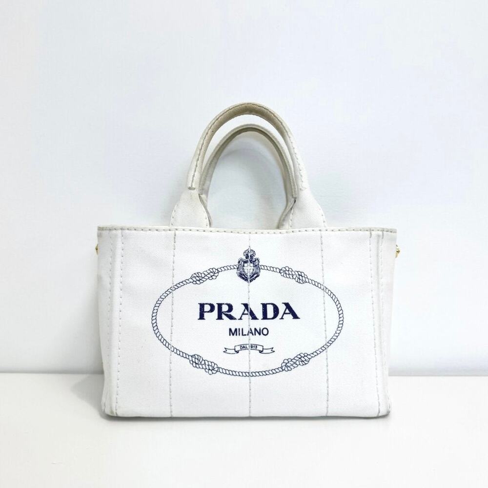 PRADA White Canvas Canapa Small Blue Logo Tote Striped Crossbody Strap Bag